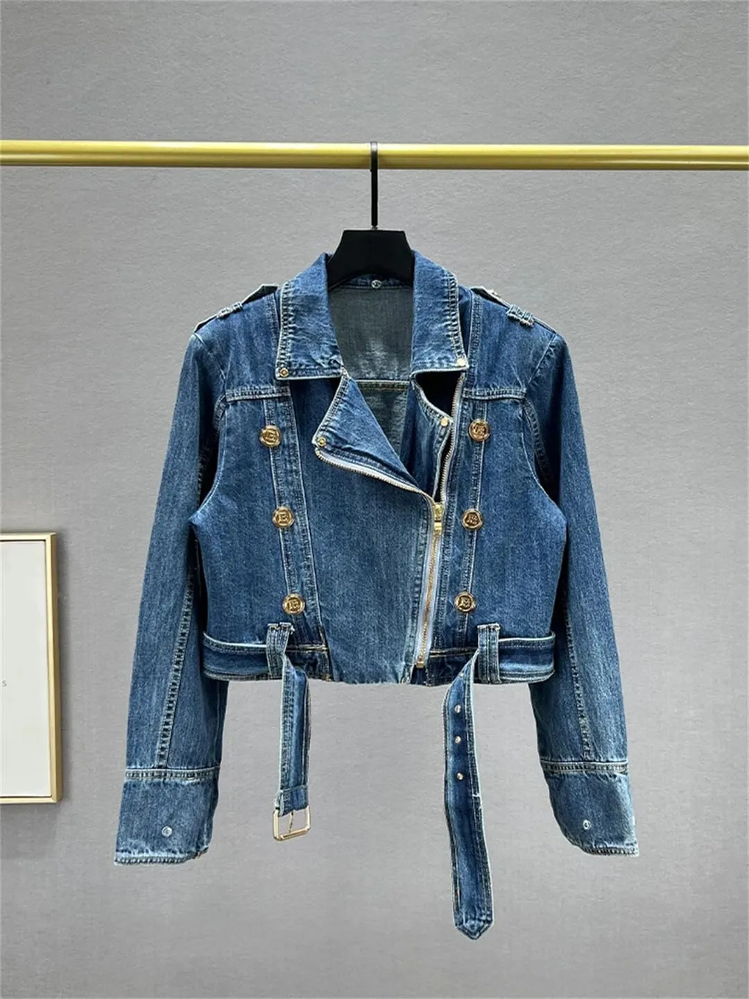 Women’S Washed Metal Button Down Collar Denim Jacket Lapel Slim Coat Full Sleeve Zipper Motorcycle Outerwear