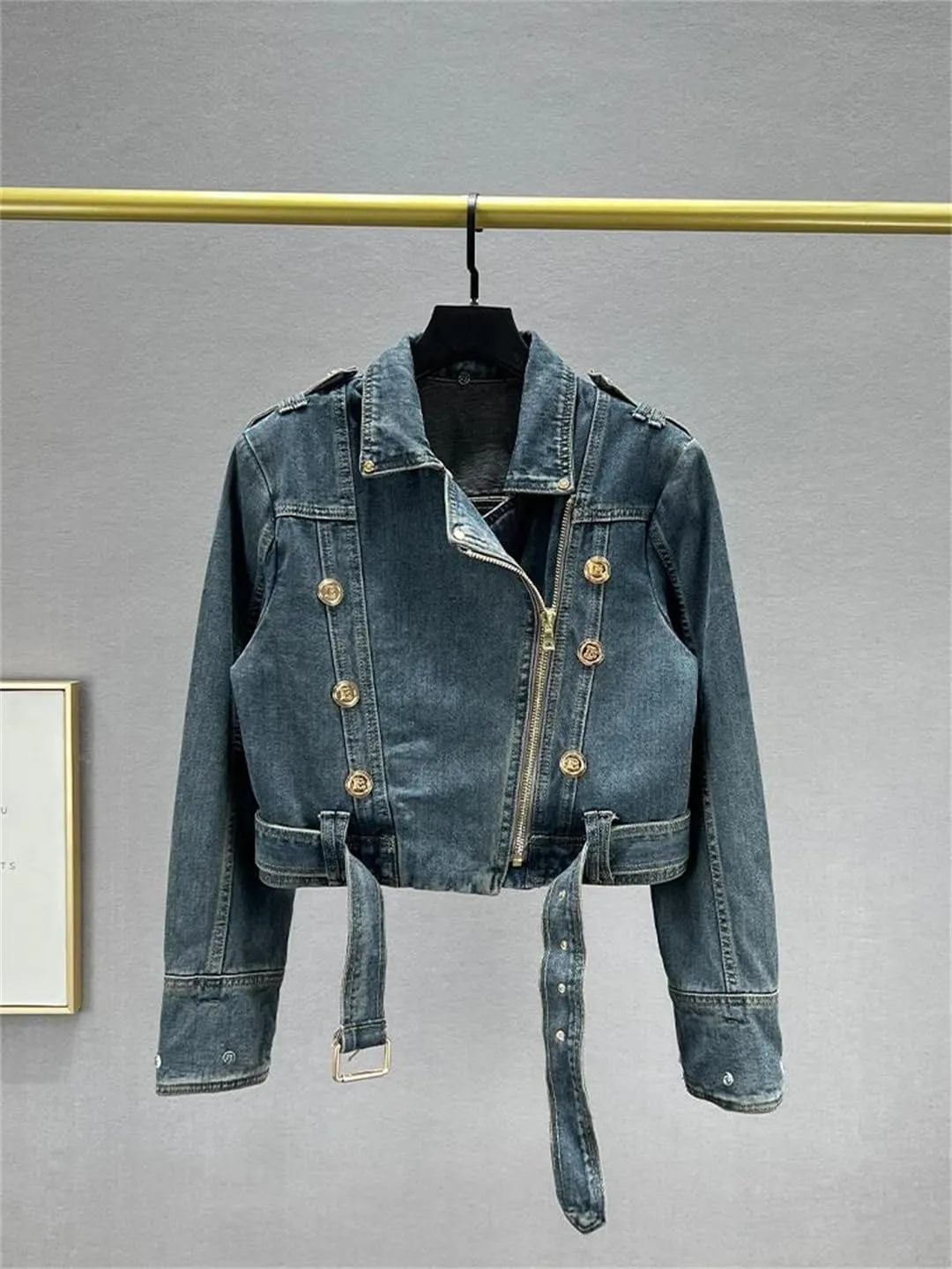 Women’S Washed Metal Button Down Collar Denim Jacket Lapel Slim Coat Full Sleeve Zipper Motorcycle Outerwear