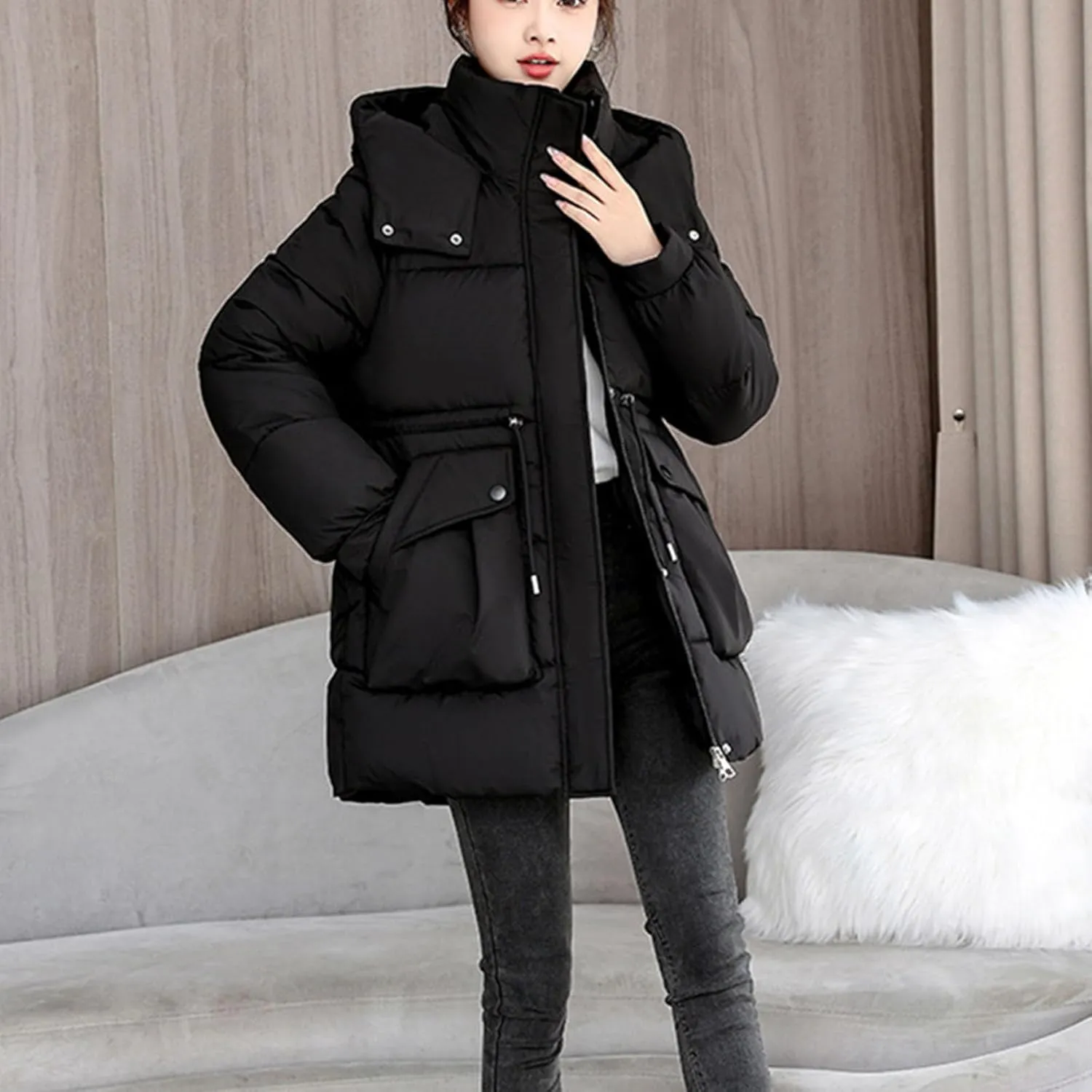Womens Winter Thickened Padded Coats Warm with Hood Full Zip Long Sleeve Puffer Jackets Casual Thermal Cute down Coat
