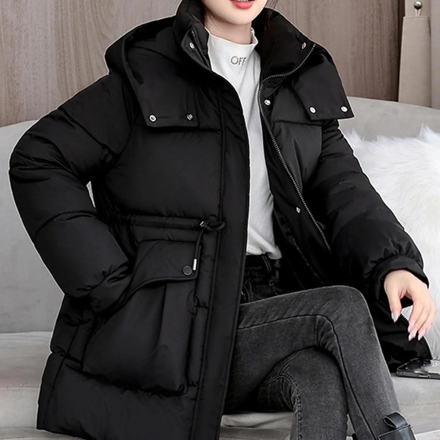 Womens Winter Thickened Padded Coats Warm with Hood Full Zip Long Sleeve Puffer Jackets Casual Thermal Cute down Coat