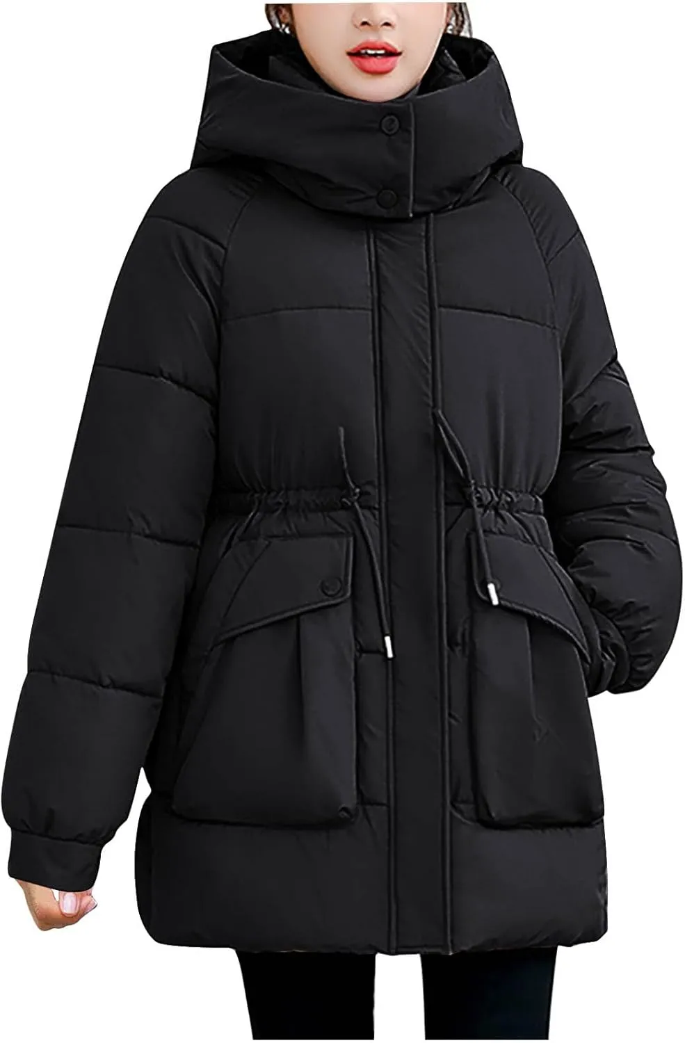 Womens Winter Thickened Padded Coats Warm with Hood Full Zip Long Sleeve Puffer Jackets Casual Thermal Cute down Coat