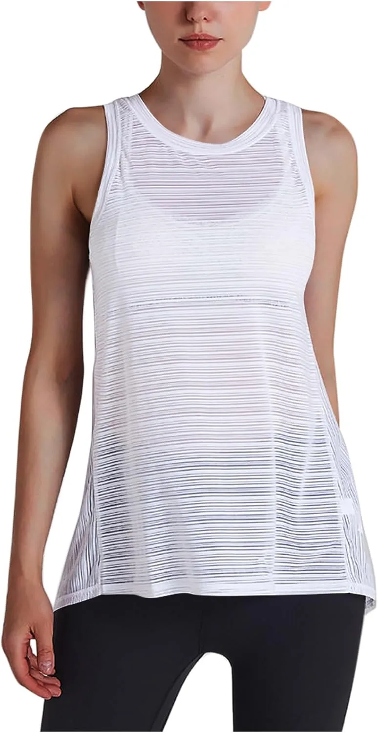 Womens Yoga Sleeveless Tank Tops Crewneck Back Hollow Out Split Athletic Top Summer Mesh Lightweight Quick Dry Shirts