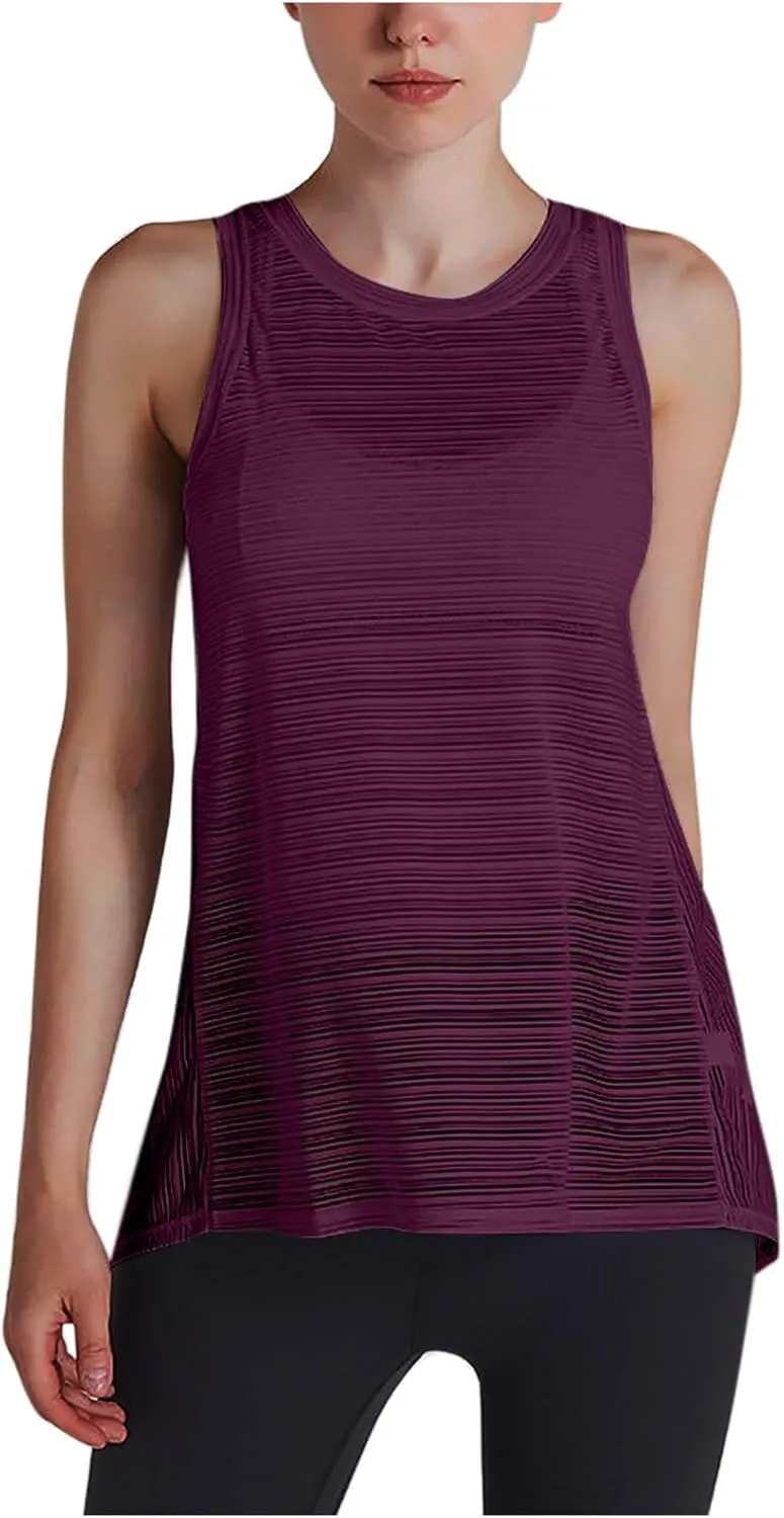 Womens Yoga Sleeveless Tank Tops Crewneck Back Hollow Out Split Athletic Top Summer Mesh Lightweight Quick Dry Shirts
