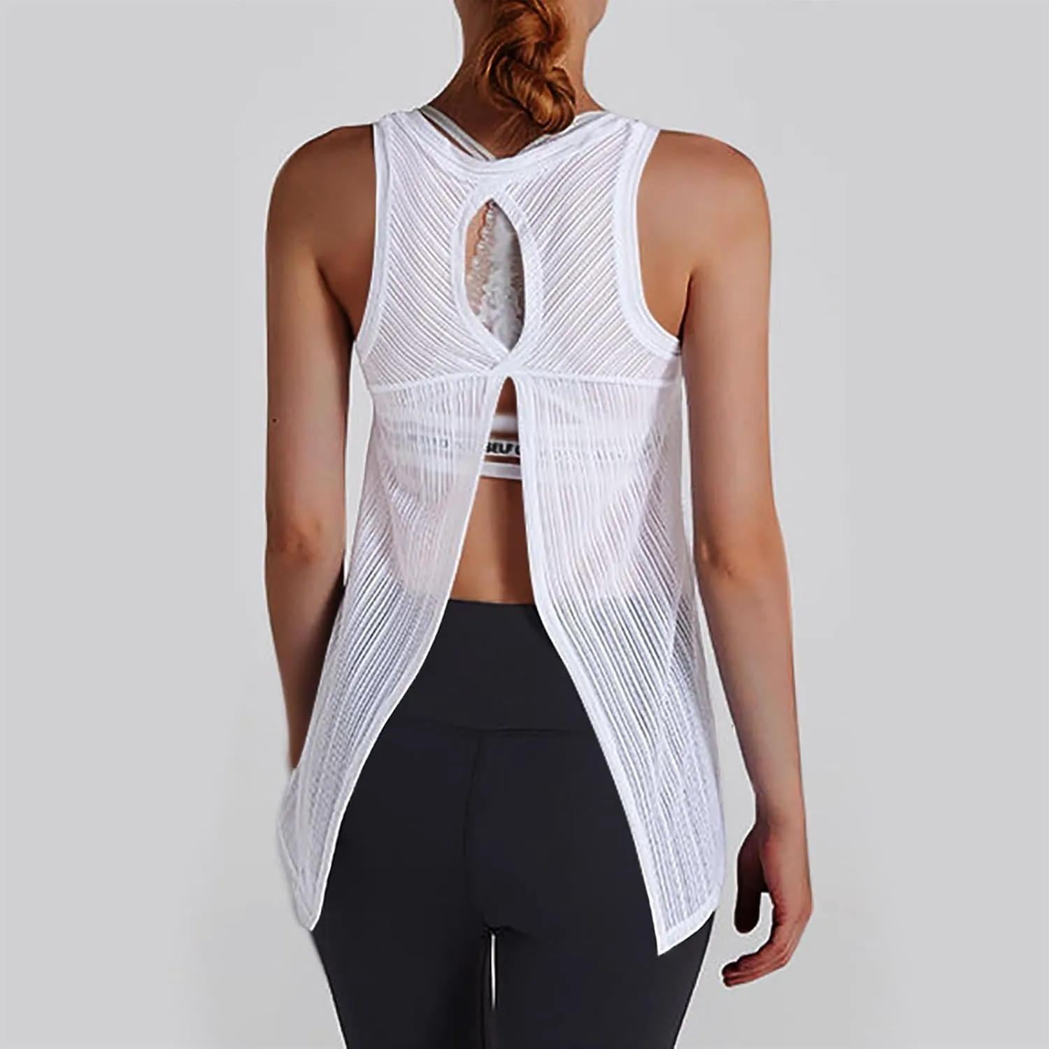 Womens Yoga Sleeveless Tank Tops Crewneck Back Hollow Out Split Athletic Top Summer Mesh Lightweight Quick Dry Shirts