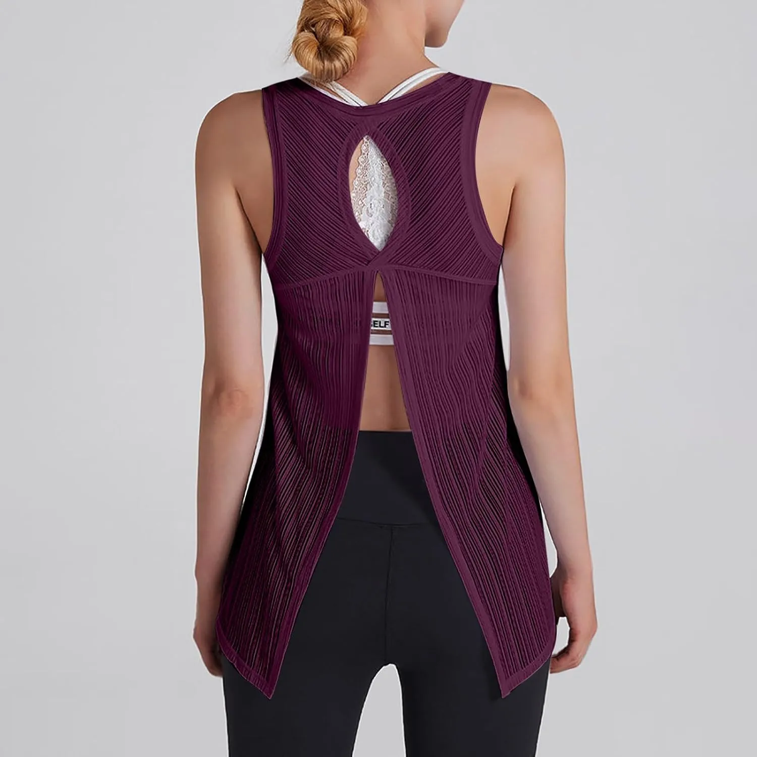 Womens Yoga Sleeveless Tank Tops Crewneck Back Hollow Out Split Athletic Top Summer Mesh Lightweight Quick Dry Shirts