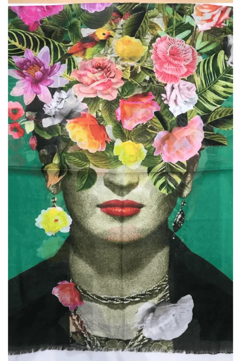Zura Frida Kahlo 100% Cotton Scarf - Green Flowers